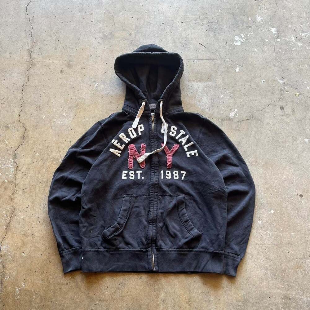 Vintage 90's Aeropostale Heavyweight Zip Up Hoodie, Navy Black, Size L